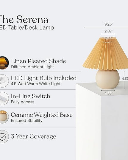 Brightech Serena LED Table Lamp - Modern Ceramic Lamp with Pleated Shade for Bedside, Nightstand, Desk - Cozy Night Light with Soft White Light for Living Room, Bedroom - LeafyLoom