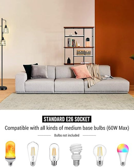 Industrial 3-Light Tree Floor Lamp with Cup-shaped Cages Farmhouse Rustic Tall Standing Lamp for Living Room Vintage Elegant Black Pole Light with Edison E26 Base Metal Shade for Bedroom Office Hotel - LeafyLoom