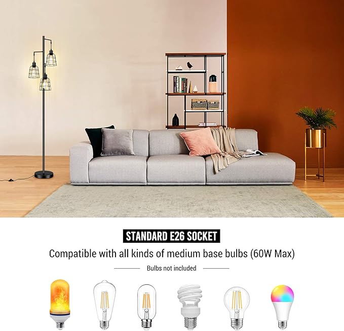 Industrial 3-Light Tree Floor Lamp with Cup-shaped Cages Farmhouse Rustic Tall Standing Lamp for Living Room Vintage Elegant Black Pole Light with Edison E26 Base Metal Shade for Bedroom Office Hotel - LeafyLoom