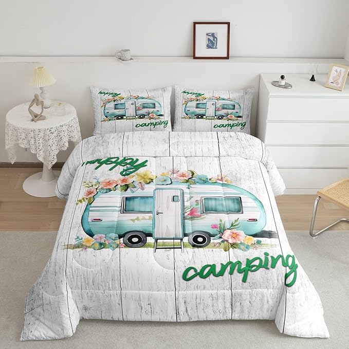 Erosebridal Girls Camping Bedding Camper Car Floral Comforter Set Queen - LeafyLoom