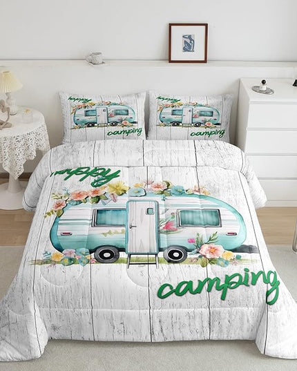 Girls Camper Comforter Set Camping Car Floral Down Comforter Twin Size Rustic Farmhouse Theme Bedding Set Camping Decor Retro Chic Flower Quilted Duvet Old Barn Door Vintage Wooden Style Duvet Set - LeafyLoom