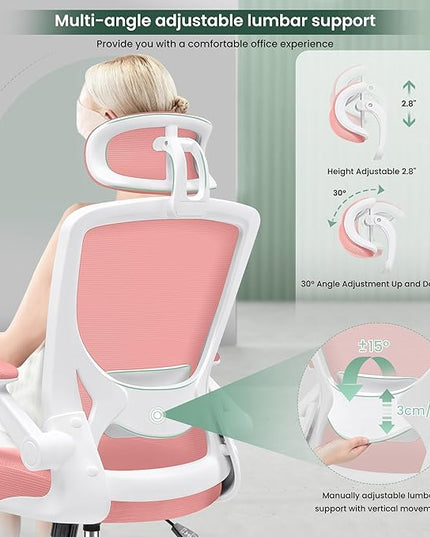 KERDOM Ergonomic Office Chair, Lumbar Support Computer Chair with Headrest and Flip-up Arms, Breathable Mesh Desk Chair, Swivel Task Chair, Adjustable Height Gaming Chair, Pink - LeafyLoom