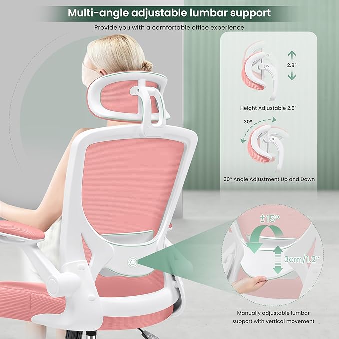 KERDOM Ergonomic Office Chair, Lumbar Support Computer Chair with Headrest and Flip-up Arms, Breathable Mesh Desk Chair, Swivel Task Chair, Adjustable Height Gaming Chair, Pink - LeafyLoom