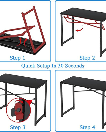 39 Inch Foldable Computer Desk, Folding Space-Saving Home Office Table, Study Writing Gaming Workstation for Small Space, No Assembly Needed,Black - LeafyLoom