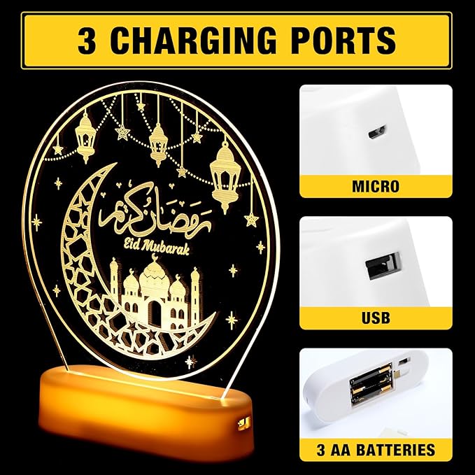 Honoson Ramadan Table Decoration for Home 2024 Ramadan LED Lights Eid Mubarak Star Moon Shaped Kids Night Lamp Ornaments Ramadan Mubarak Gift for Muslims Family Islamic Holiday Eid al Fitr Party - LeafyLoom
