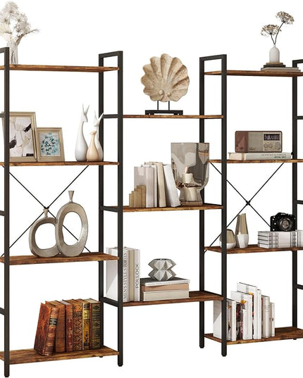 Panana Triple 4 tier bookshelf, Industrial Bookcase with 11 Open Display Shelves Wide Book Shelf Book Case with Metal Frame for Living Room Home Office (Brown) - LeafyLoom