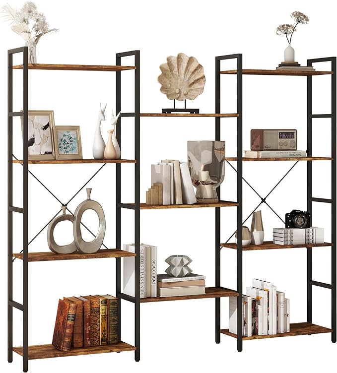 Panana Triple 4 tier bookshelf, Industrial Bookcase with 11 Open Display Shelves Wide Book Shelf Book Case with Metal Frame for Living Room Home Office (Brown) - LeafyLoom
