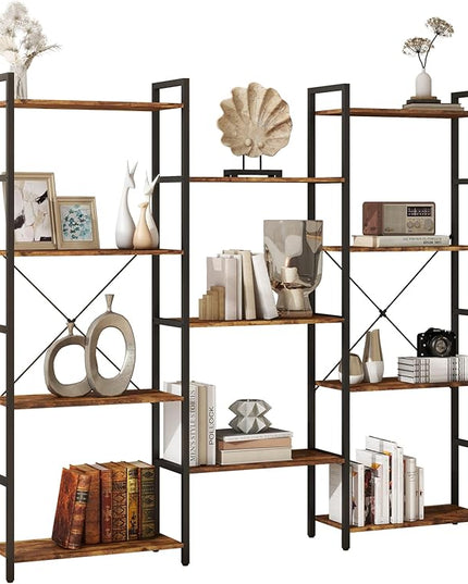 Panana Triple 4 tier bookshelf, Industrial Bookcase with 11 Open Display Shelves Wide Book Shelf Book Case with Metal Frame for Living Room Home Office (Brown) - LeafyLoom