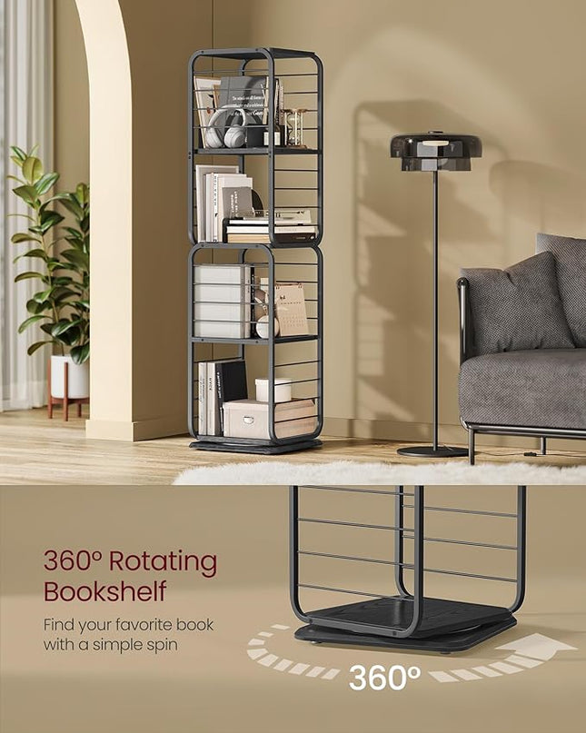 VASAGLE 4-Tier Rotating Bookshelf, Bookcase with Bookends for Small Spaces, Corner Shelf, Steel Frame, Ebony Black and Ink Black ULLS127B56 - LeafyLoom