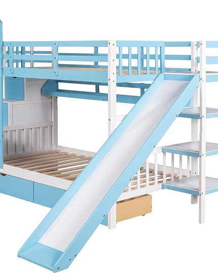 Twin Bunk Bed Castle with Slide, Stairs with Storage, Two Drawers, Solid Wood Bunkbeds Frame w/Shelves and Staircase, for Kids/Teens/Boys/Girls Bedroom, Blue - LeafyLoom