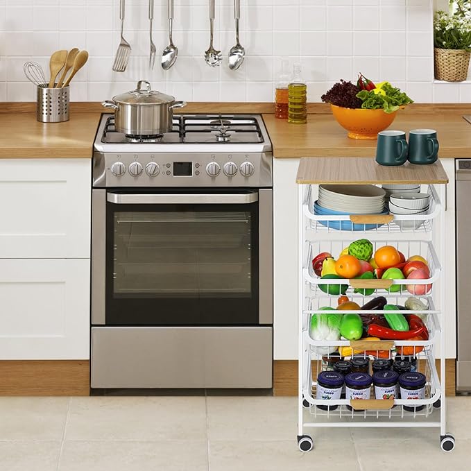 Kitchen Storage Rolling Cart on Wheels, 5 Tier Metal Rolling Utility Cart Mesh Basket Pantry Cart Rack with Wooden Tabletop for Fruit Vegetable Onion Potato Storage, White - LeafyLoom