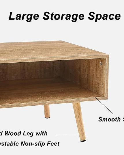 41.34" Morden Rattan Coffee table with Sliding Door for Storage, Modern Rectangular Solid Wood Coffee Table for Living Room - LeafyLoom