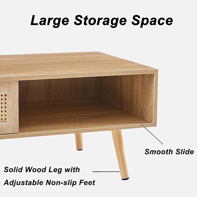 41.34" Morden Rattan Coffee table with Sliding Door for Storage, Modern Rectangular Solid Wood Coffee Table for Living Room - LeafyLoom