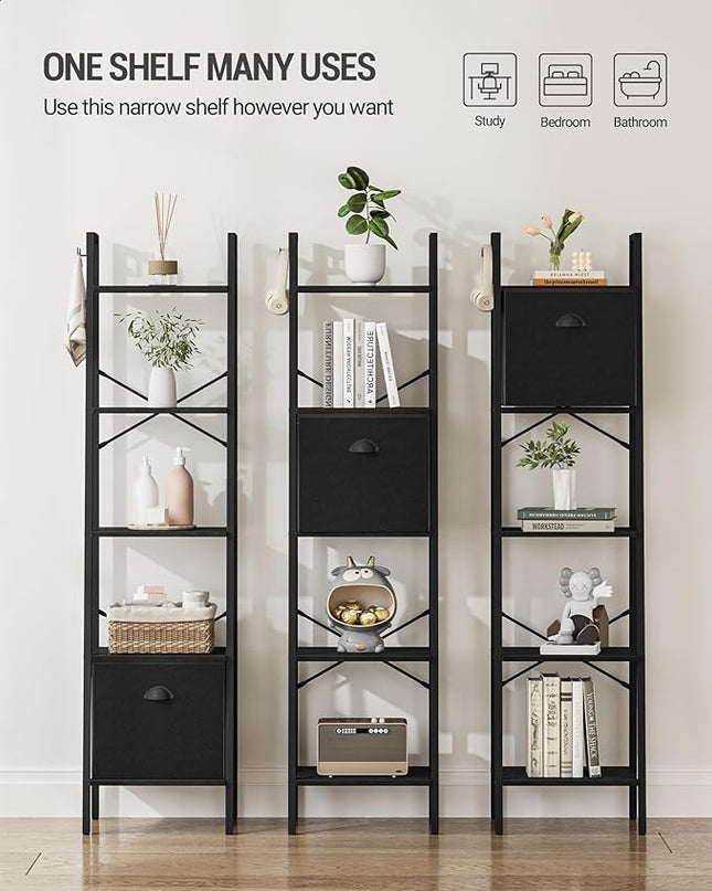 Narrow Bookshelf Bookcase with Drawer, Ladder Shelf with 2 Hooks, Bookshelves Storage Organizer, Freestanding Display Standing for Home Office, Bedroom, 6 Tier Black BC19604B - LeafyLoom