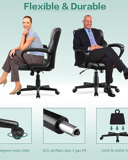 Executive Office Chair Swivel Task Seat with Ergonomic Mid-Back, Waist Support, PU Leather, Black - LeafyLoom