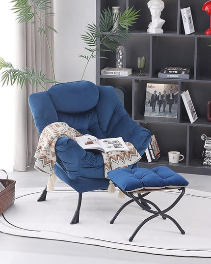 Lazy Chair with Ottoman, Modern Accent Chair Contemporary Lounge Leisure Upholstered Sofa Chair Set with Armrests, Reading Chair for Living Room, Bedroom, Office, Royal Blue - LeafyLoom