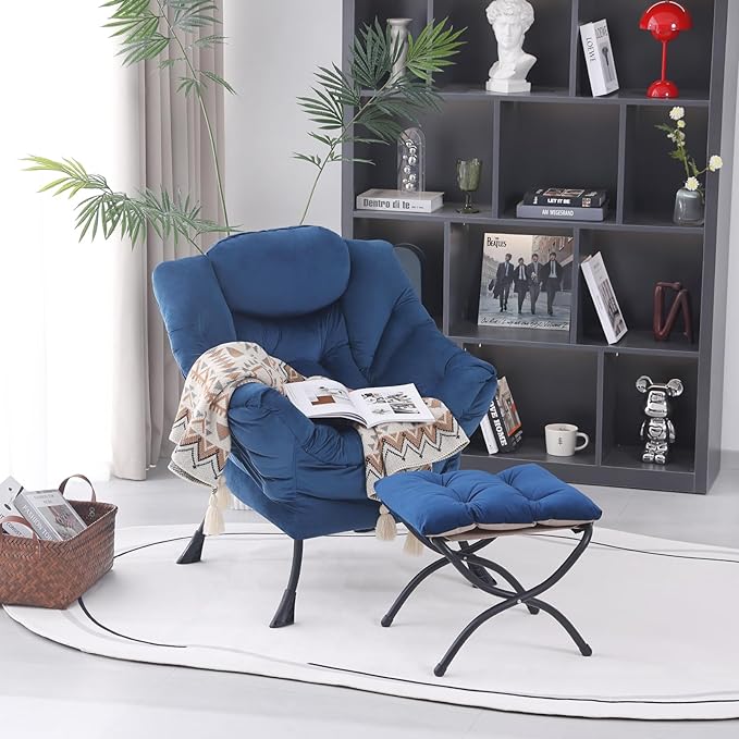 Lazy Chair with Ottoman, Modern Accent Chair Contemporary Lounge Leisure Upholstered Sofa Chair Set with Armrests, Reading Chair for Living Room, Bedroom, Office, Royal Blue - LeafyLoom