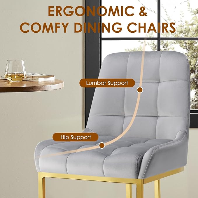 STARY Upholstered Velvet Armless Dining Room Chairs with Gold Metal Legs for Kitchen Restaurant, Gray- Set of 2 - LeafyLoom