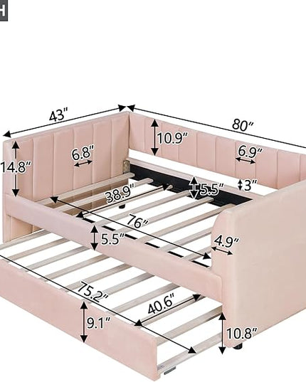 Twin Size Upholstered Velvet Daybed with Trundle,Wood Bed Frame w/ 2 Armrests,Slat Support,No Box Spring Needed,for Small Living Spaces and Accommodating Guests,Pink - LeafyLoom