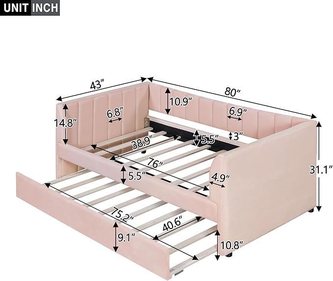 Twin Size Upholstered Velvet Daybed with Trundle,Wood Bed Frame w/ 2 Armrests,Slat Support,No Box Spring Needed,for Small Living Spaces and Accommodating Guests,Pink - LeafyLoom