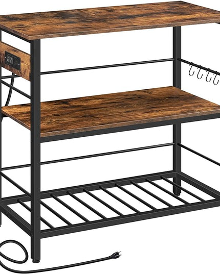 HOOBRO Kitchen Island with Storage, Kitchen Island Table with Power Outlet, 3 Tier Coffee Station and Microwave Stand, for Home, Kitchen and Dining Room, Rustic Brown and Black BF021ZD01 - LeafyLoom