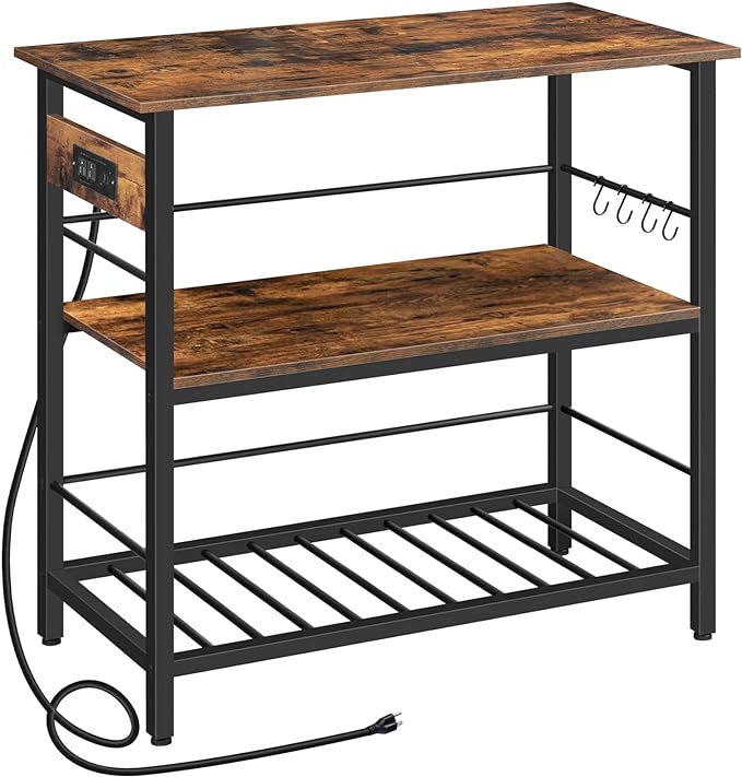 HOOBRO Kitchen Island with Storage, Kitchen Island Table with Power Outlet, 3 Tier Coffee Station and Microwave Stand, for Home, Kitchen and Dining Room, Rustic Brown and Black BF021ZD01 - LeafyLoom