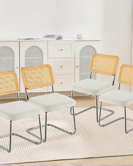 VEVOR Rattan Dining Chairs Set of 4, Mid Century Modern Dining Chair, Upholstered Velvet Accent Chair with Rattan Back, Retro Dining Room Kitchen Chair for Living Room, Bedroom, Office (18.1 Inch) - LeafyLoom