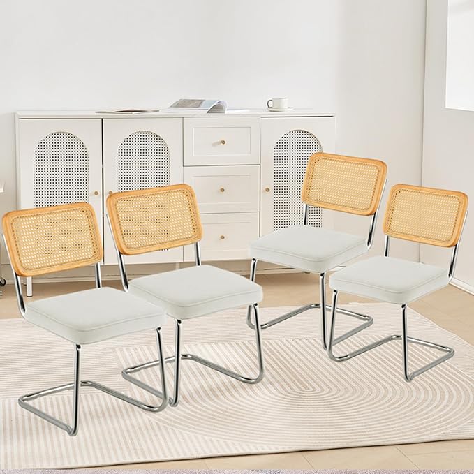 VEVOR Rattan Dining Chairs Set of 4, Mid Century Modern Dining Chair, Upholstered Velvet Accent Chair with Rattan Back, Retro Dining Room Kitchen Chair for Living Room, Bedroom, Office (18.1 Inch) - LeafyLoom