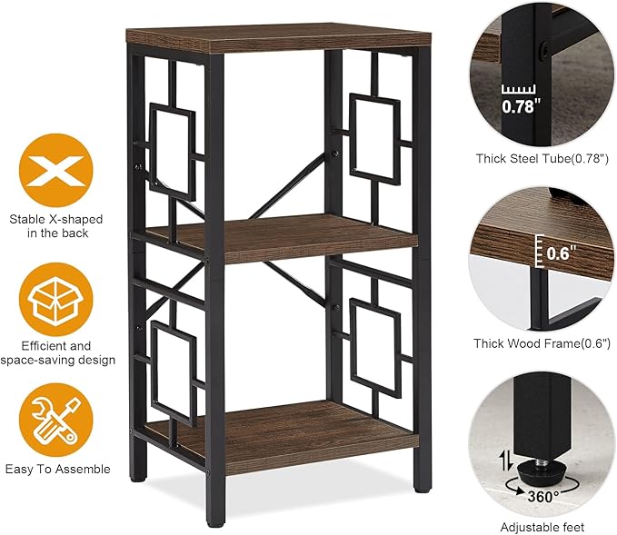 Small Bookshelf, 3 Tier Vintage Industrial Small Bookshelf for Small Spaces, Freestanding Open Shelf Bookcase, Versatile Bookcase for Home Office, Bedroom & Living Room, Retro Brown - LeafyLoom