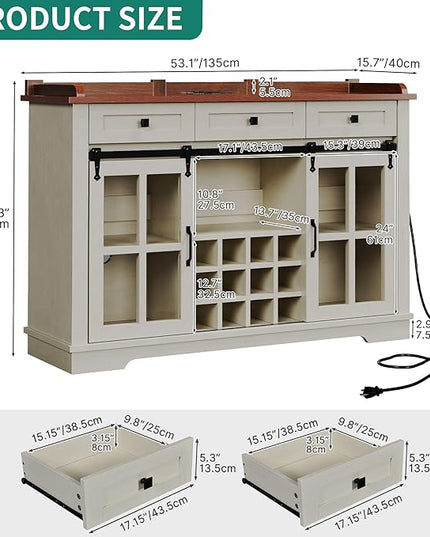 DWVO Farmhouse Coffee Bar Cabinet, 53” Sideboard Buffet Cabinet with Storage, 3 Drawers & Sliding Barn Door, Storage Cabinet with Glass Door for Kitchen & Living Room, Antique White - LeafyLoom