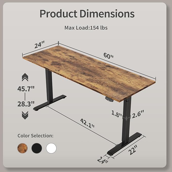 Electric Standing Desk, Large 60 x 24 Inches Height Adjustable Desk, Sit Stand up Desk for Work Office Home, Ergonomic Rising Computer Table with Memory Preset, Rustic Brown - LeafyLoom