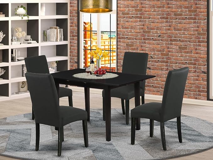 East West Furniture Norfolk 5 Piece Set includes a Rectangle Dining Room Table with Butterfly Leaf and 4 Black Color Linen Fabric Parson Chairs, 32x54 Inch, NODR5-BLK-27 - LeafyLoom
