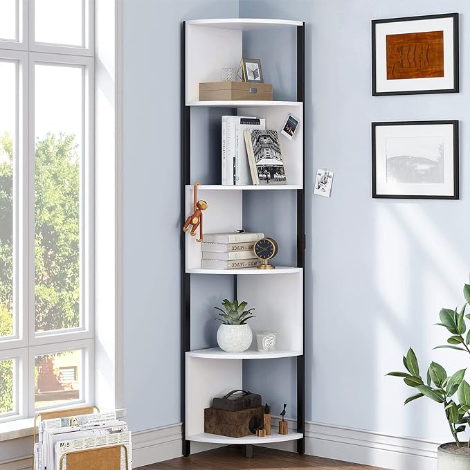 YITAHOME 6-Tier Corner Shelf, 68.8" Tall Modern Free Standing Zigzag Corner Bookshelf, 6 Shelf Display Corner Bookcase Open Small Book Shelves for Living Room, Home Office, Small Space, White - LeafyLoom