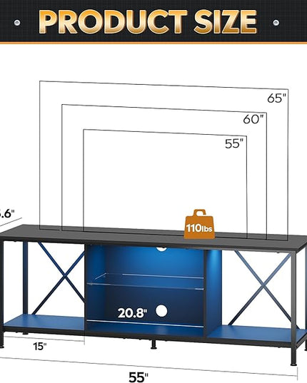 WLIVE TV Stand up to 65 Inch TV, 55" Entertainment Center with LED, Industrial TV Console with Glass Shelf for Living Room and Bedroom, Black - LeafyLoom
