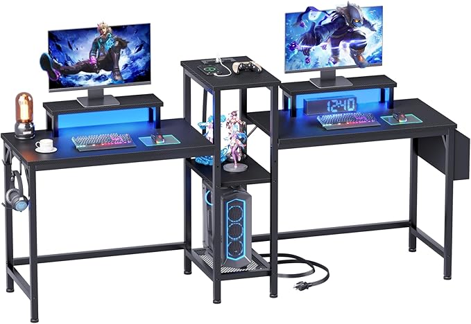 Furologee 71" Gaming Desk with LED Lights, Two Person Computer Desk with Storage Shelves and Monitor Stand, Double Large Office Desk with Cloth Bag and Hooks for Home Office, Black (NO Power Outlets) - LeafyLoom