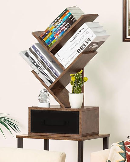 Small Bookshelf with Drawer,4 Tier Tree Book Shelf,Wood Desk Bookshelves,Modern Free Standing Desktop Display Shelves,Brown Floor Standing Organizer Bookcase for Living Room,Bedroom,Office - LeafyLoom
