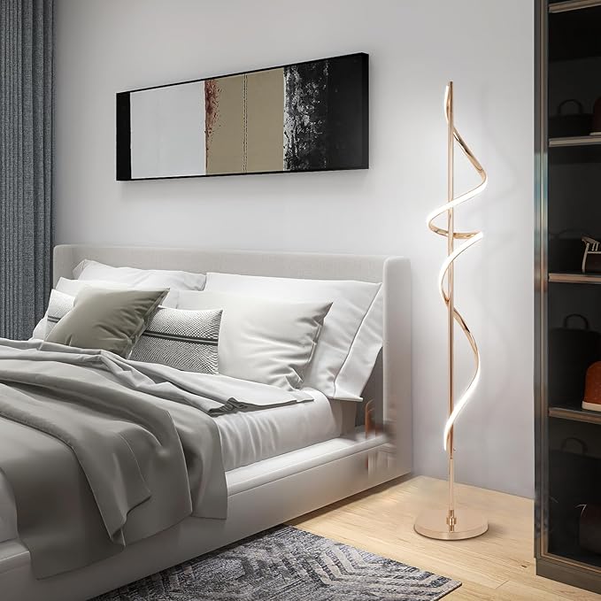 LED Floor Lamp for Living Room, 60inch Gold Floor Lamp with Remote Control, 48W Dimmable Led Floor Lamp with 3 Color Temperatures, Indoor Modern Spiral Floor Lamp for Living Room, Bedroom, Office - LeafyLoom