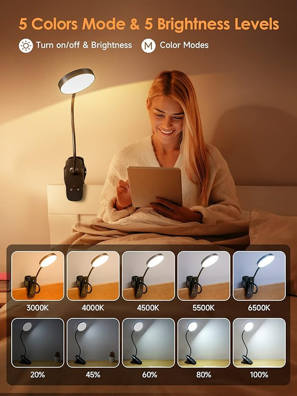Mubarek Reading Lamp 400LM 36 LED Reading Light, USB Rechargeable Battery Operated Table Lamp, 5 Levels Brightness LED Desk Lamp,5Color Touch Control Reading Lamps for Bedside,Reading Light for Study - LeafyLoom