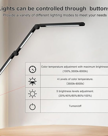 LED Desk Lamp with Clamp Flexible 4 sections Swing Arm Three light sources desk light, 4 Color Modes & 5 Brightness, Eye Caring Led table light with Memory Function for table lamps for office - LeafyLoom