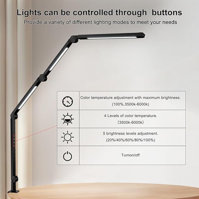 LED Desk Lamp with Clamp Flexible 4 sections Swing Arm Three light sources desk light, 4 Color Modes & 5 Brightness, Eye Caring Led table light with Memory Function for table lamps for office - LeafyLoom