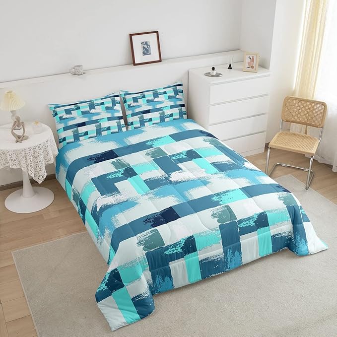 Teal Comforter Set Full Size Turquoise Comforter Blue Grey Grunge Ombre Bedding Set for Kids Boys Girls Adults Bedroom Decor Watercolor Abstract Contemporary Quilt Duvet Insert with 2 Pillowcases - LeafyLoom