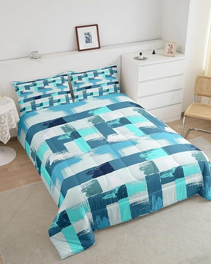 Teal Blue Stripes Comforter Set for Girls Boys Kids Turquoise Stripe Line Bedding Set Geometric Down Comforter Room Decor Abstract Art Gradient Ombre Quilt Queen Size Duvet Set 3Pcs Boys - LeafyLoom