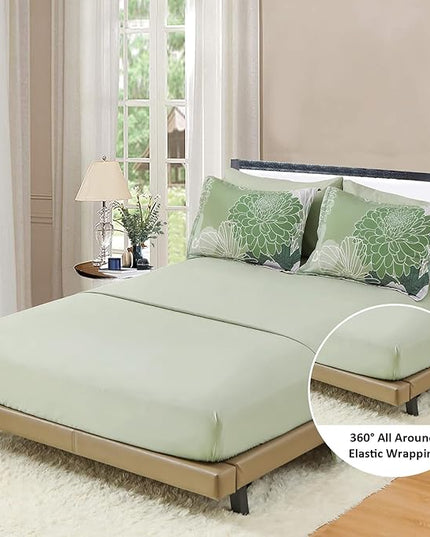 Yiran 7 Pieces Bed in a Bag Green Comforter Set Queen Floral Comforter Soft Microfiber Bedding Set with 1 Comforter 1 Flat Sheet 1 Fitted Sheet 2 Pillowshams and 2 Pillowcases - LeafyLoom