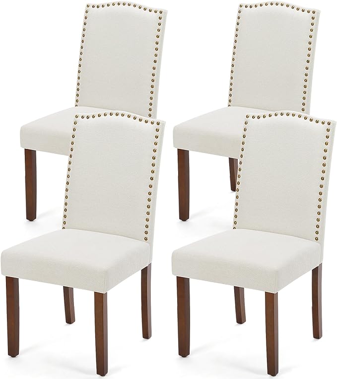 MCQ Upholstered Dining Chairs Set of 4, Modern Upholstered Fabric Dining Room Chair with Nailhead Trim and Wood Legs, Mid-Century Accent Dinner Chair for Living Room, Kitchen, Beige - LeafyLoom