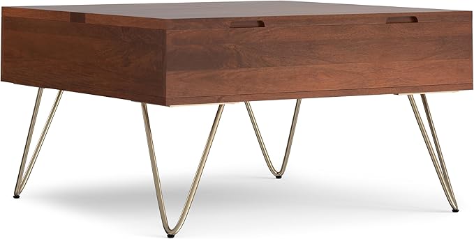 SIMPLIHOME Hunter SOLID MANGO WOOD Wide Square Industrial Lift Top Coffee Table for The Living Family Room, 32 inch, Umber Brown, Gold - LeafyLoom