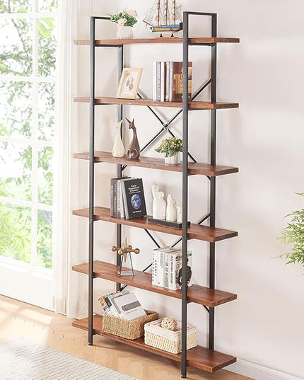 HSH Solid Wood Bookshelf, 6 Tier Tall Industrial Etagere Bookcase and Storage Shelves Heavy Duty, Rustic Large Open Vertical Metal Natural Real Wood Book Shelf for Bedroom Living Room Distressed Brown - LeafyLoom
