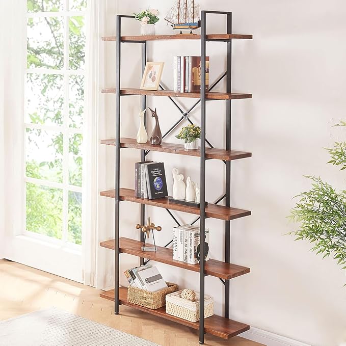 HSH Solid Wood Bookshelf, 6 Tier Tall Industrial Etagere Bookcase and Storage Shelves Heavy Duty, Rustic Large Open Vertical Metal Natural Real Wood Book Shelf for Bedroom Living Room Distressed Brown - LeafyLoom