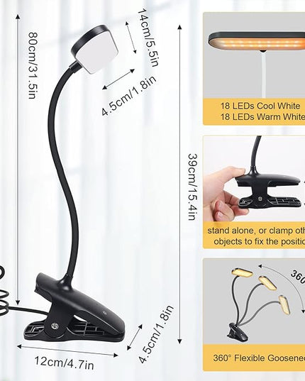 Clip on Light Reading Lights, 36 LED USB Desk Lamp with 5 Color 5 Brightness, Eye Protection Book Clamp Light, Perfect for Video Conference Lighting, Desk, Bed Headboard and Computers (Black) - LeafyLoom