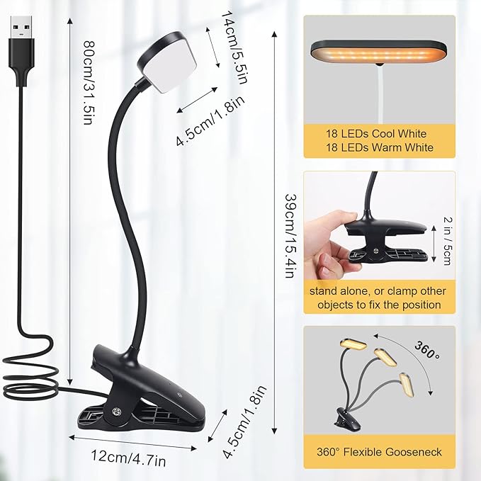 Clip on Light Reading Lights, 36 LED USB Desk Lamp with 5 Color 5 Brightness, Eye Protection Book Clamp Light, Perfect for Video Conference Lighting, Desk, Bed Headboard and Computers (Black) - LeafyLoom