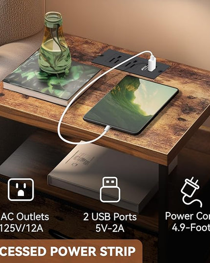 Night Stand Set of 2, Bedside Tables with Fabric Drawers, Side Table with Charging Station, LED Nightstand with USB Ports and Outlets, Small End Table for Bedroom, Rustic Brown - LeafyLoom